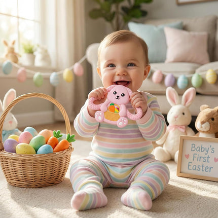 Easter Basket Stuffers Baby Teething Toys, Bunny Silicone Teething Toy for Babies 0 3 6 9 12 18 Months, Easter Basket Stuffer Essential, Baby Rabbit Carrots Teether for Baby & Toddler First Gifts