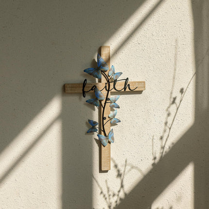 Wall Cross, Rustic Wooden Cross With Butterfly