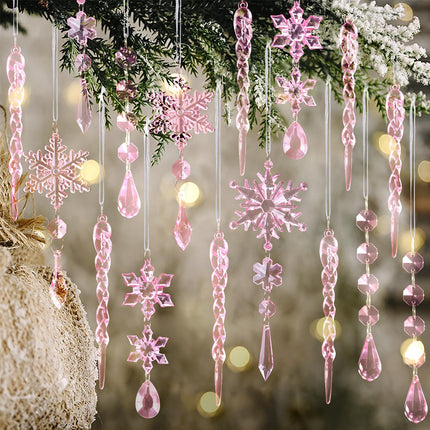 Crystal Christmas Tree Ornaments, Clear Acrylic Snowflake & Icicle, 18pcs