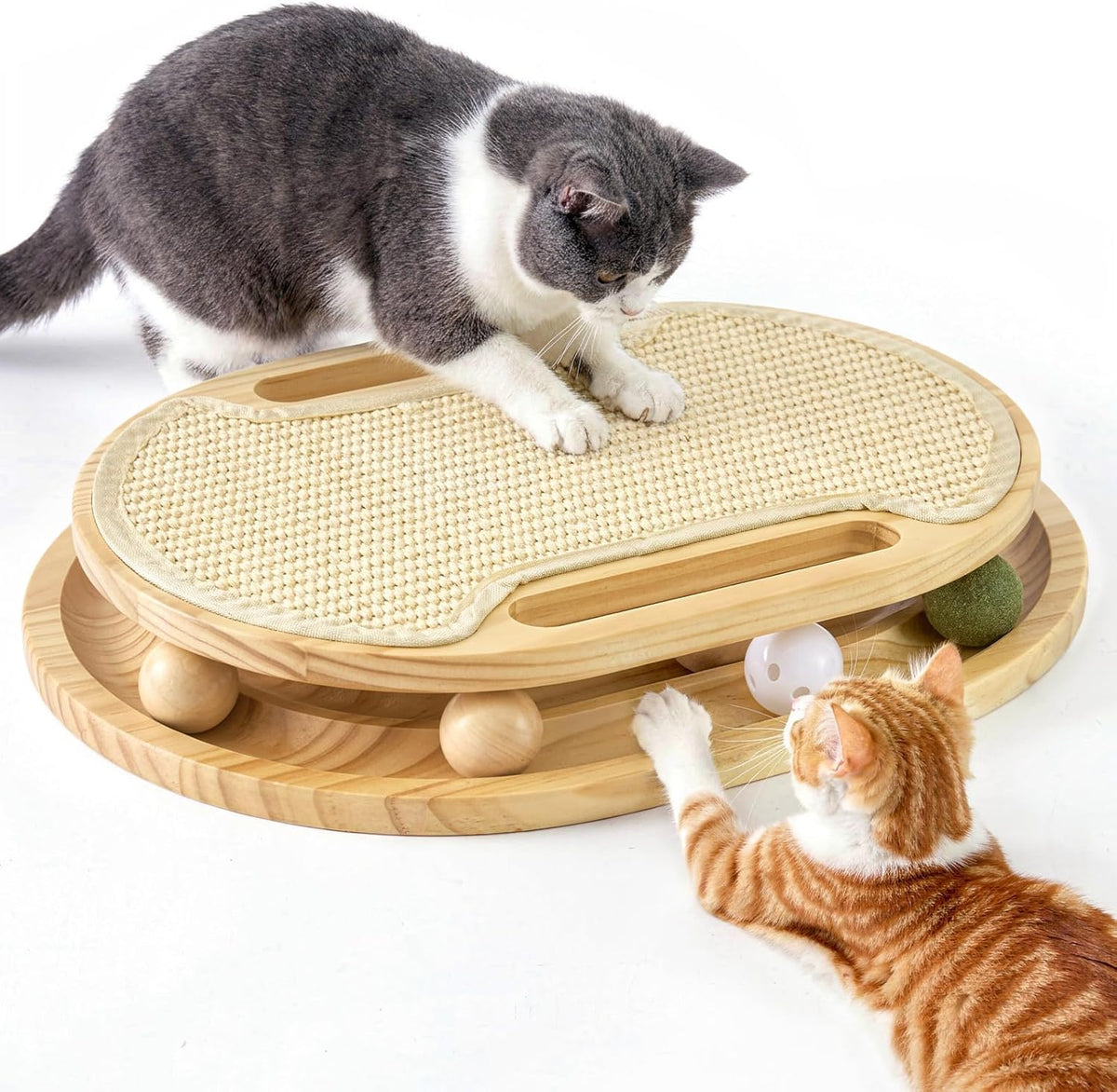 Cat Scratcher with Ball Track Toy, Large Sisal Scratch Pad for Indoor Adult Cats, Wooden Interactive Cat Puzzle Toys