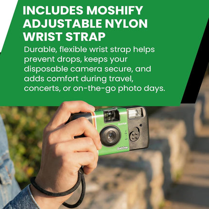 Fujifilm QuickSnap Flash 400 Disposable Camera – Single 35mm Film Camera + Adjustable Moshify Wrist Strap – Fuji Disposable One-Time-Use Camera for Travel, Parties, Weddings, Events