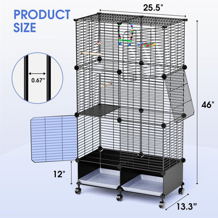 Flight Bird Cage with Wheels, 46-Inch Metal Parakeet Cage with Slide-Out Trays, Perches, Bowls & Bird Toys, Indoor Bird Cage for Cockatiel, Budgie, Lovebird, Finch & Small Birds