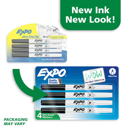Dry Erase Markers, Low Odor Ink, Black, Ultra Fine Tip, 4 Count