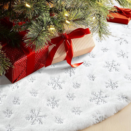 48 Inches Faux Fur Christmas Tree Skirt, Silver Sequin Snowflake