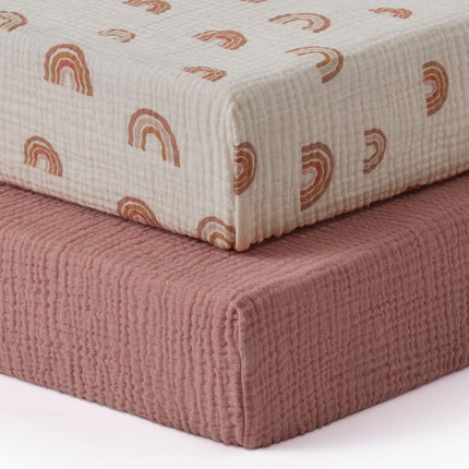 Blissful Diary Muslin Crib Sheets for Girl Boy, Boho Neutral Soft Cotton Baby Sheet for 52''x28'' Standard Crib Mattress, 2 Pack(Dusty Pink&Rainbow)