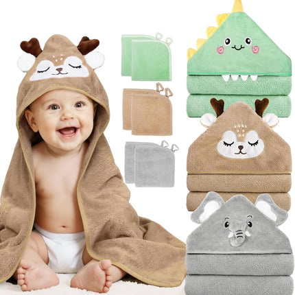 CandyHome 9 PCS Baby Bath Towels for Infants Toddlers, 3 PCS Animal Hooded Baby Towels & 6 PCS Washcloths Set, Ultra Absorbent Soft Cute Newborn Bath Essentials Gifts for Boys & Girls