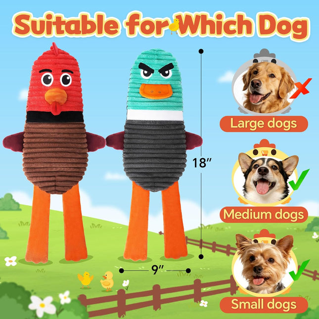 Stuffing-Free Dog Toys, 2 Pack, Chick and Duck, Squeaker and Bottle Pocket