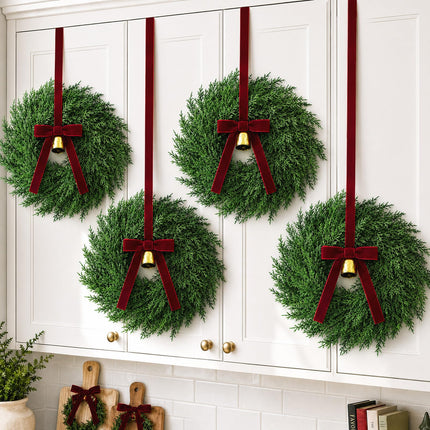 Christmas Decor, 24" Norfolk Pine Christmas Wreath with Velvet Bow & Bells