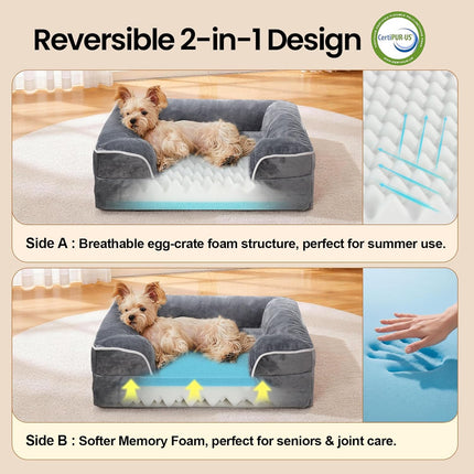 OhGeni Orthopedic Dog Bed Couch Cat Sofa for Small Sized Pets with Memory Foam, Machine-Washable Waterproof Removable Cover, Soft Comfortable Fabric, 22-inch (Gray)