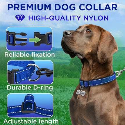 TECEUM Reflective Dog Collar – Navy Blue – S – Extra Soft Padding – Basic Nylon Pet Collar – Quick Release Buckle – Fits Small, Medium and Large Dogs, Puppies, Cats – ESA & Service Dog Options