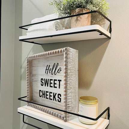 Boho Farmhouse Wooden Framed Bathroom Decor Signs, Funny Restroom Decorative Plaque Small Cute, Toilet Rules Shelf Decoration (Hello Sweet Cheeks)