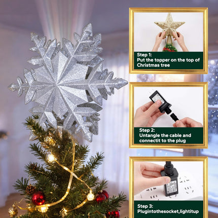 Christmas Tree Topper with Rotating Snowflake Projector, Silver