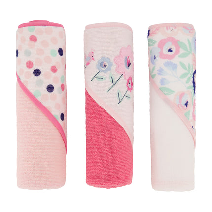 Buttons & Stitches Baby Girl 3 Pack Rolled/Carded Hooded Towels in Crisp Blossom Print (GS71728)