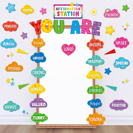 45pcs Bright Affirmation Station Bulletin Board Set Motivational Posters Classroom Mirror Growth Mindset Decor Positive Affirmations Accents Cutouts for School Office Home Teacher Wall Supply