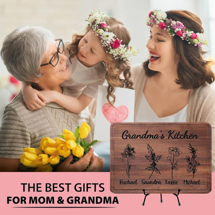 Personalized Cutting Boards, Gifts for Mom - Grandma, Birth Flower Grandma's Garden, Christmas, Birthday Mothers Day Gift for Grandma From Grandkids, Son - Daughter, Chopping Board for Mom's Kitchen
