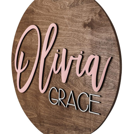 Custom Round Nursery Name Sign, Personalized Wooden Wall Plaque, 12" 18" 24" 30" 3D Wall Art for Children & Kids Rooms, Baby Shower, Hickory Hollow Designs (Olivia Grace)
