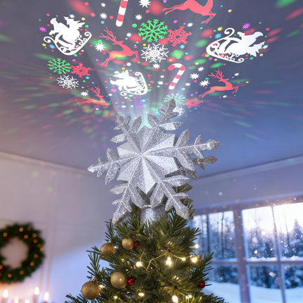 Christmas Tree Topper with Rotating Snowflake Projector, Silver