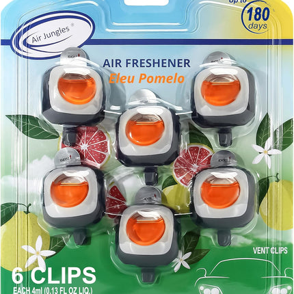 Air Jungles Eleu Pomelo Scent Car Air Freshener Clip, 6 Vent Clips, 4 ml Each, Long Lasting Air Freshener, Up to 180 Days Car Refresher Odor Eliminator