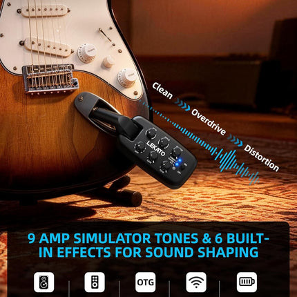 LEKATO PA-2 Guitar Headphone Amp for Electric Guitar, Bass Guitar Headphone Amplifier for Portable Practice, 9 Amp Models, 3 Mod Effects, 3 Space Effects, with Bluetooth Receiver, USB OTG Recording