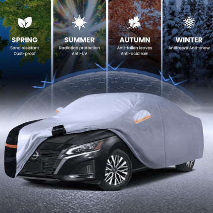 Multi-Layer Car Cover Custom Fit for Nissan Altima(2005-2026), 100% Waterproof All Weather for Automobiles, Gift with Towel, Heavy Duty Car Covers for Rain Sun UV Protection with Door Zipper