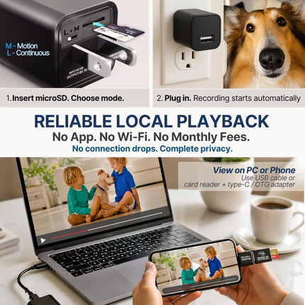 Plug-in Full HD Dome Camera - Reliable 1080p Pet Cam with Motion Detection - Easy No-WiFi Setup & Data Protection - Ideal for Pet Nanny Use, with 64GB Card