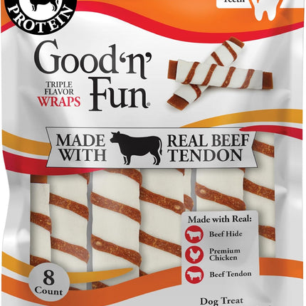 GOOD 'N' FUN Triple Flavor Wraps with Beef Tendon Chews, High-Protein Dog Treat for All Adult Dogs, Made with Real Beef Hide, Chicken & Beef Tendon, 8 Count