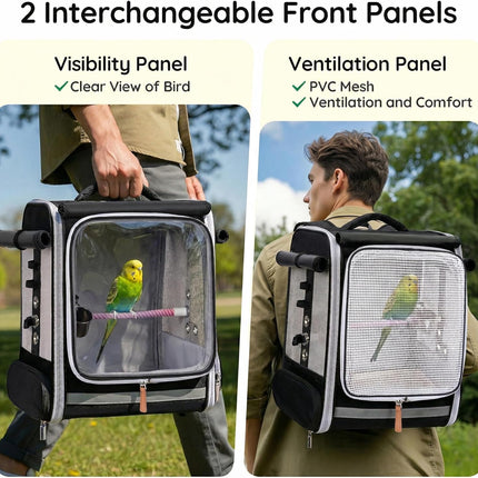 Mancro Bird Carrier Backpack for Small Birds, Cockatiel, Parrot, Bird Backpack with Tray and Standing Perch, Bird Travel Carrier Cage with Clear Window and Breathable Mesh Front for Vet Visits