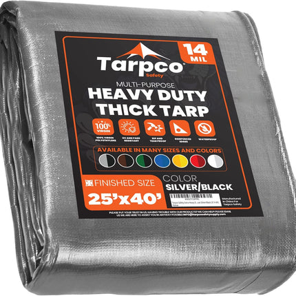 Tarpco Safety Extra Heavy Duty 14 Mil Tarp Cover, Waterproof, UV Resistant, Rip and Tear Proof, Poly Tarpaulin with Reinforced Edges for Roof, Camping, Patio, Pool, Boat (Silver/Black 25′ X 40′)