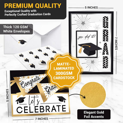 Graduation Cards 2026 Bulk Assortment for College & High School (5x7") - 12 Pack Black and Gold Foil Design with Envelopes & Stickers, Congrats Grad Gift Decorations for Him Her, Printed Messages