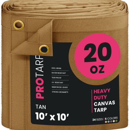 PROTARP Extreme Heavy Duty 20 OZ Water Resistant Canvas Tarp, UV Resistant Tarpaulin Cover with Rustproof Brass Grommets, Multipurpose for Canopy, Roof, Camping, Woodpile (Tan 10'X10')