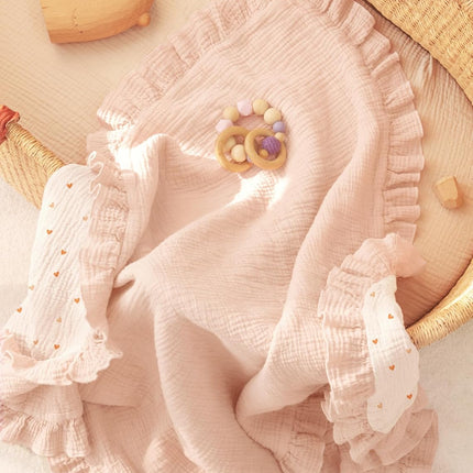 lulumoon Muslin Ruffle Baby Blanket - Soft Breathable 100% Cotton Newborn Wrap for Stroller Travel & Car Seat - Ideal for Photography & Nursery Decoration 40"x36"(Pink Heart)