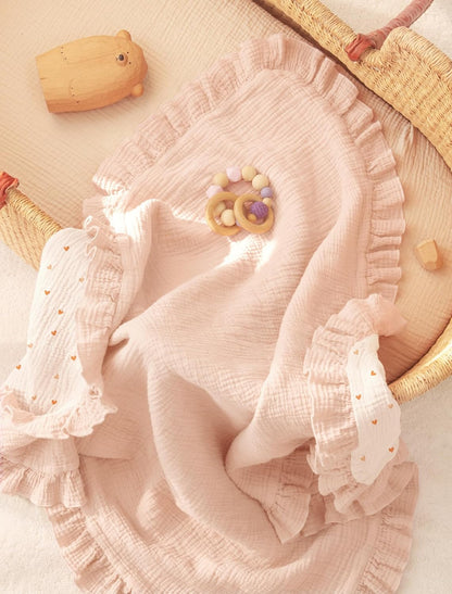 Muslin Ruffle Baby Blanket - Soft Breathable 100% Cotton Newborn Wrap, 40" x 36", Pink Heart - photo 3