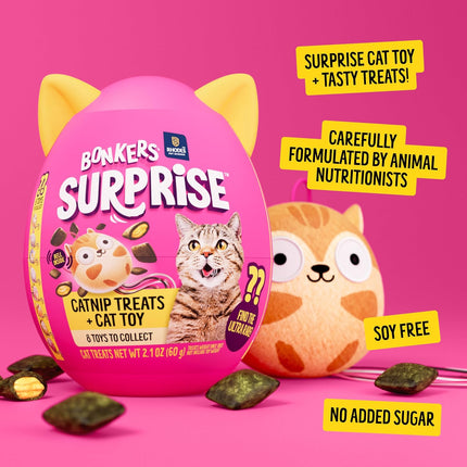 Bonkers Surprise Catnip Flavor Cat Treats, 60g Egg Case with Blind Box Cat Toy (1 of 8 Collectible Toys)