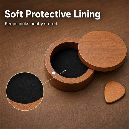 Set de portapúas de guitarra con 2 púas de madera + 8 púas de celuloide (3 grosores), estuche de madera con tapa magnética giratoria, mini joyero, accesorios musicales para guitarrista