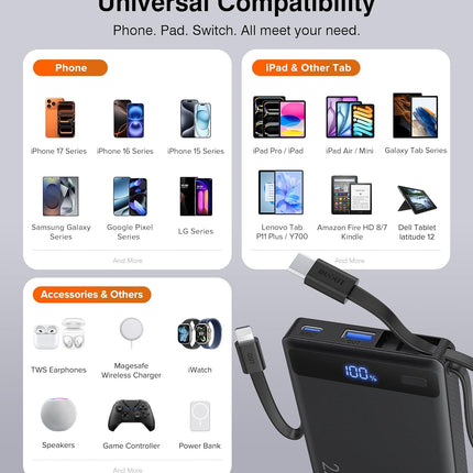 Power Bank with 2 Built-in Cables 10000mAh, 22.5W PD Slim Portable Charger USB C Battery Pack, Travel Essentials Fast Charging Powerbank Compatible with iPhone 17 16 15 14 Plus Pro Samsung iPad etc