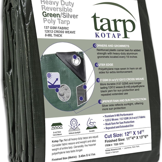 12 x 14 Ft Heavy-Duty Waterproof Tarp, 8-mil, Reversible Green-Silver