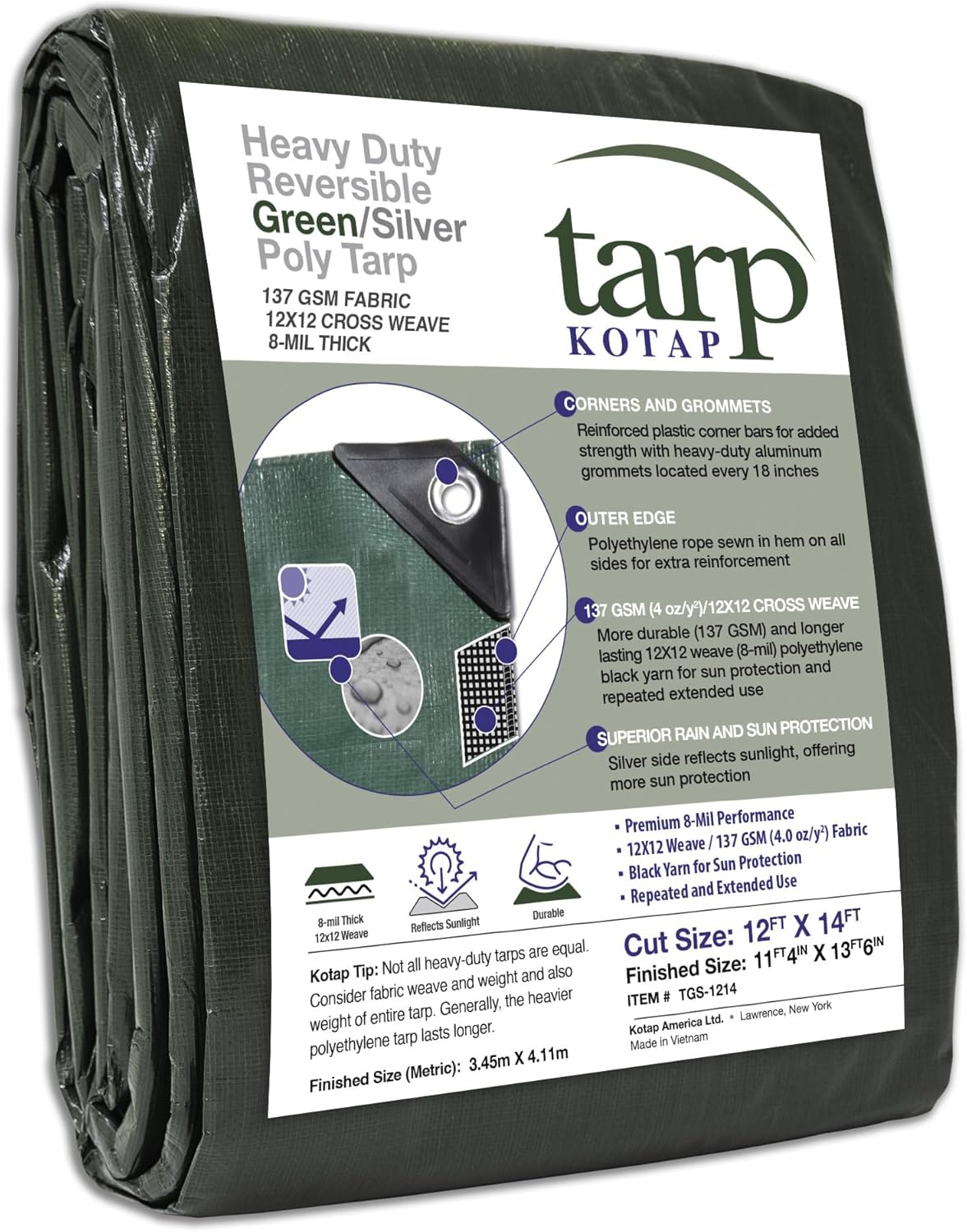 12 x 14 Ft Heavy-Duty Waterproof Tarp, 8-mil, Reversible Green-Silver