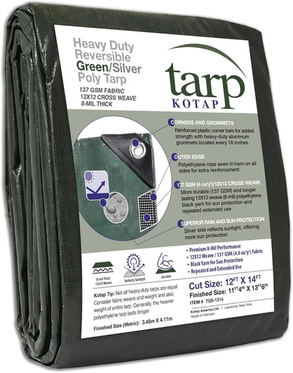 12 x 14 Ft Heavy-Duty Waterproof Tarp, 8-mil, Reversible Green-Silver