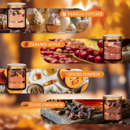 Fall Candles Set, 4 Pack Candles for Home Scented Natural Soy Wax, Autumn Gifts Set for Women Men, Fall Fragrance of Pumpkin/Cinnamon/Vanilla Cupcake/Apple