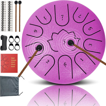 Rain Drum for Outside Garden,6 Inch 11 Note 440Hz Steel Tongue Drum C Major, Steel Drum for Kids & Adults, Music Education & Meditation Drum for Patio&Backyard, with Mallets, Bag&Book(Purple)