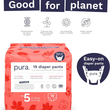 Pura Hypoallergenic Diaper Pants Size 5 (27-38 lbs) Overnight, up to 12 Hours Leak Protection, Suitable for Sensitive Skin, Totally Chlorine Free, Soft Organic Cotton, 1 Pack of 19 Pull Up Pants