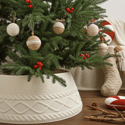 Knitted Christmas Tree Collar: Cream Crossed Diamond Edge Chunky Cable Knit Christmas Tree Collars for Artificial Trees, Farmhouse Rustic Tree Ring Tree Skirt for Christmas Home Décor