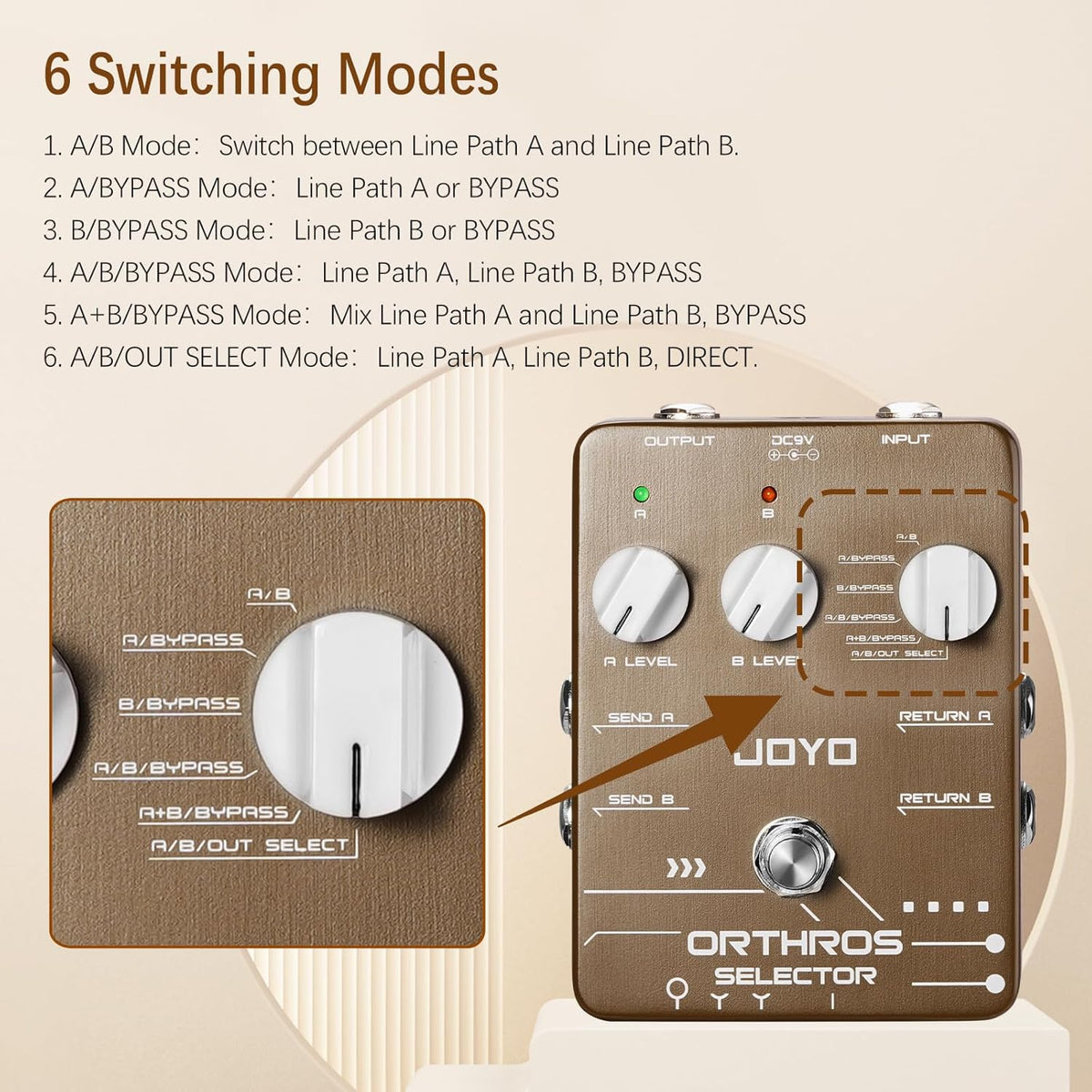 Dual Effects Line Selector Guitar Pedal, 6-Mode A/B Switcher with Independent Volume Control and Bypass - photo 4