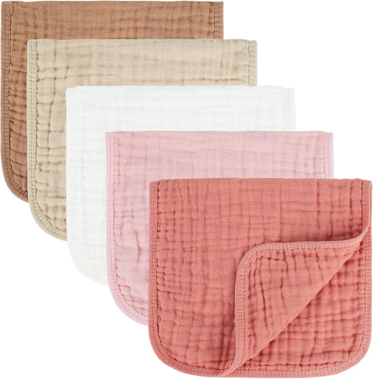 100% Cotton Newborn Muslin Baby Burp Cloths, 10 x 20 Inches, 5 Pack, Pink & Coffee
