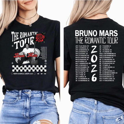 Handmade The Romantic Tour 2026 Front and Back T-Shirt, Bruno Concert Merch, Trendy Concert Memorabilia Best Friend Matching Tee, Concert Lover Gift Multicolor Unisex