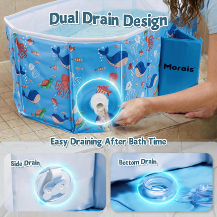 MORAIS Baby Bathtub Collapsible & Portable, Foldable Toddler Bath Tub with Dual Drain Plug and Padded Bottom, Travel & Shower Ready, Easy to Clean, Space-Saving Tub, 12 Months+