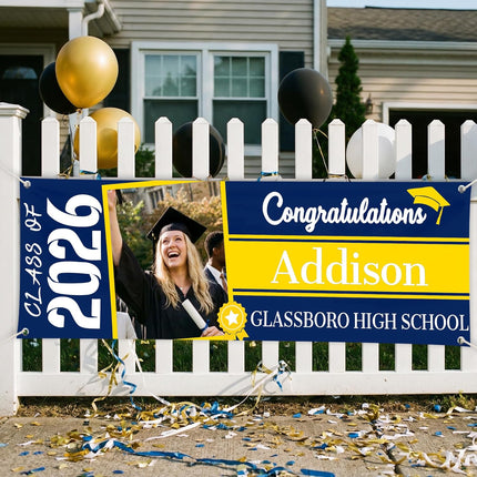 Personalized Graduation Banner with Photo, Custom Class of 2026 Graduation Decorations, Weatherproof Vinyl Congrats Grad Sign for Backyard Party, High School & College Outdoor Backdrop.