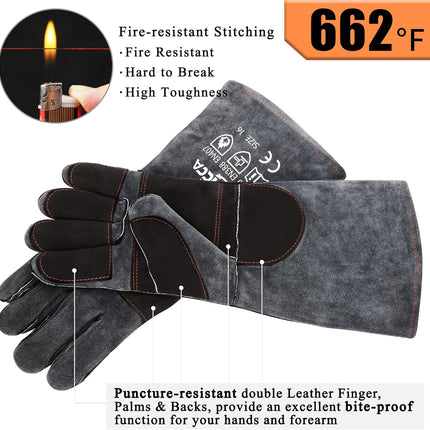 RAPICCA Animal Handling Gloves Bite Proof Double Leather Reinforced Padding Dog,Cat Scratch,Bird Handling Falconry Gloves Grabbing Reptile Squirrel Snake Bite 16in Grey-Black