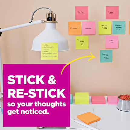 Post-it Super Sticky Notes, Energy Boost Collection, 1260 Total, 3 in x 3 in (76 mm x 76 mm), 14 Pads/Pack, 90 Sheets/Pad, 2X Sticking Power, Recyclable, Assorted Bright Colors