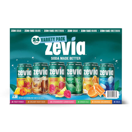 Zevia Zero Sugar Soda, 6 Flavor Soda Variety Pack, 12 oz Cans (24-Pack) – Naturally Sweetened, Non-GMO Project Verified, Gluten-Free, Vegan